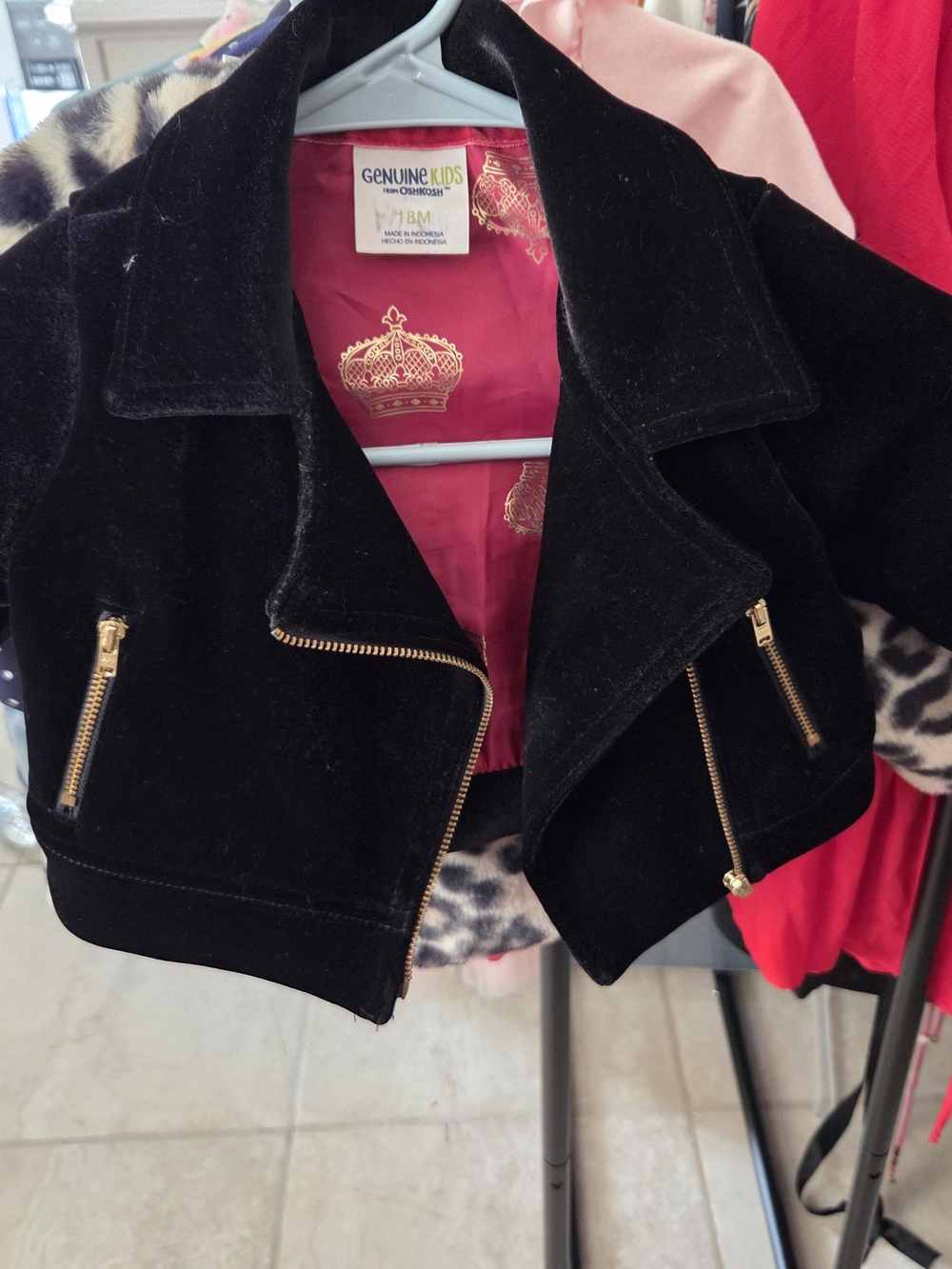 Genuine Kids Black Velvet Puffer-Style Jacket with Gold Zippers - 18M